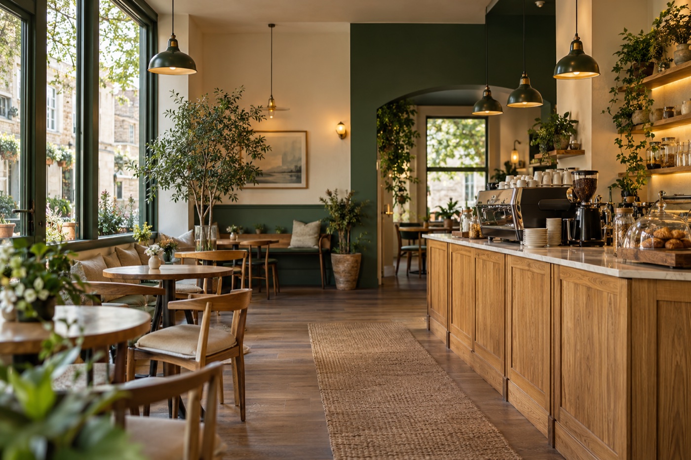 Illustrative café interior with green walls and oak furnishings